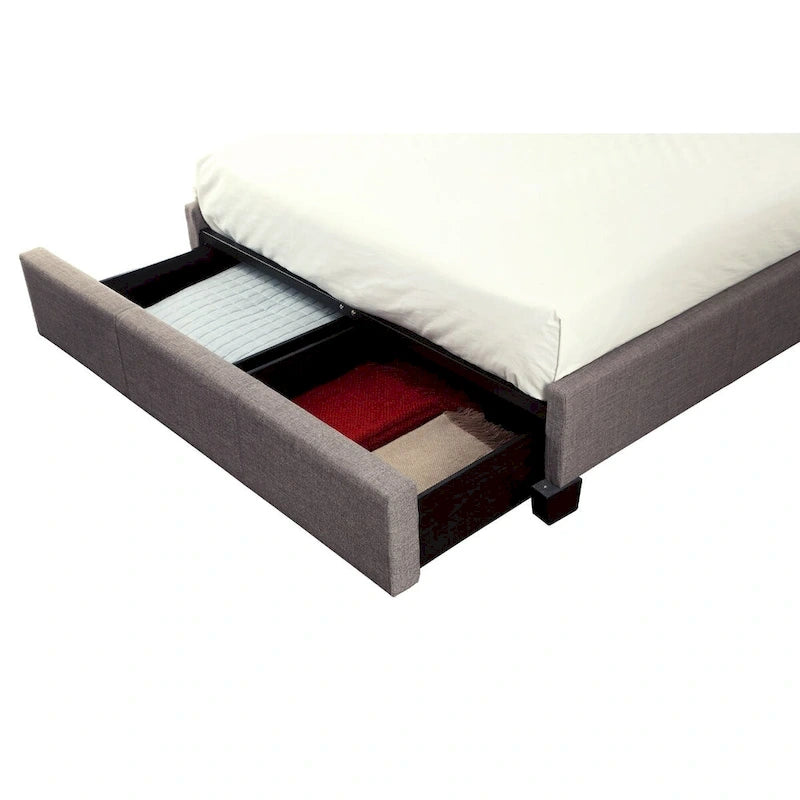 Amy Low Profile King Bed, Tufted Linen, Wide Storage, Gray