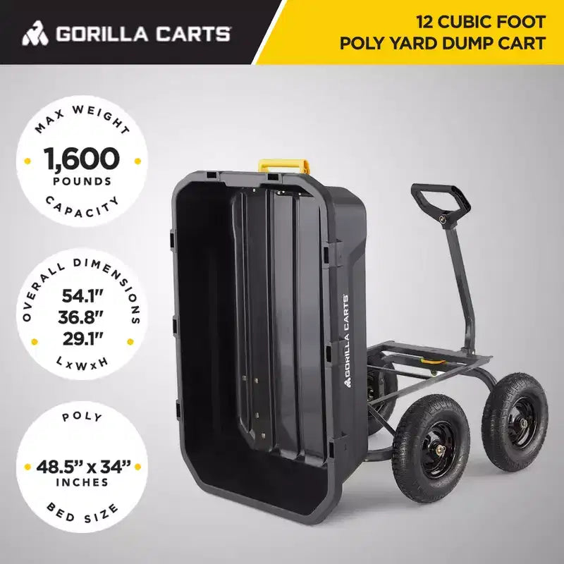Gorilla Carts Heavy-Duty Poly Yard Dump Cart, 12 Cu Ft Tub, 1600 lb Haul Capacity, Black  Utility Wagon w/ Quick-Release Dumping & Pneumatic Tires