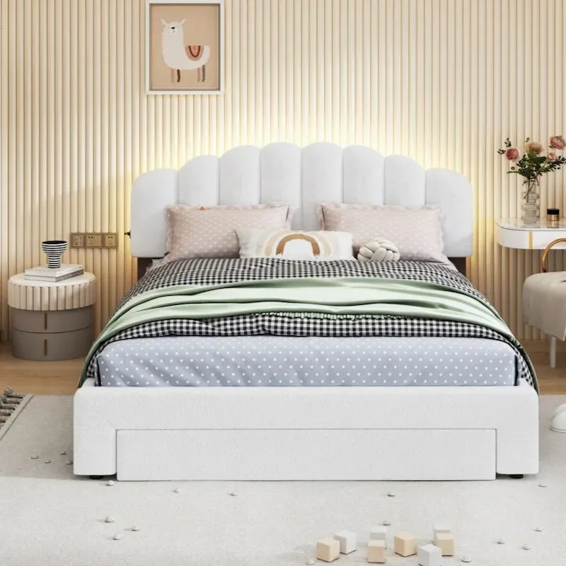 Teddy Fleece Queen Size Upholstered Platform Bed with Drawer