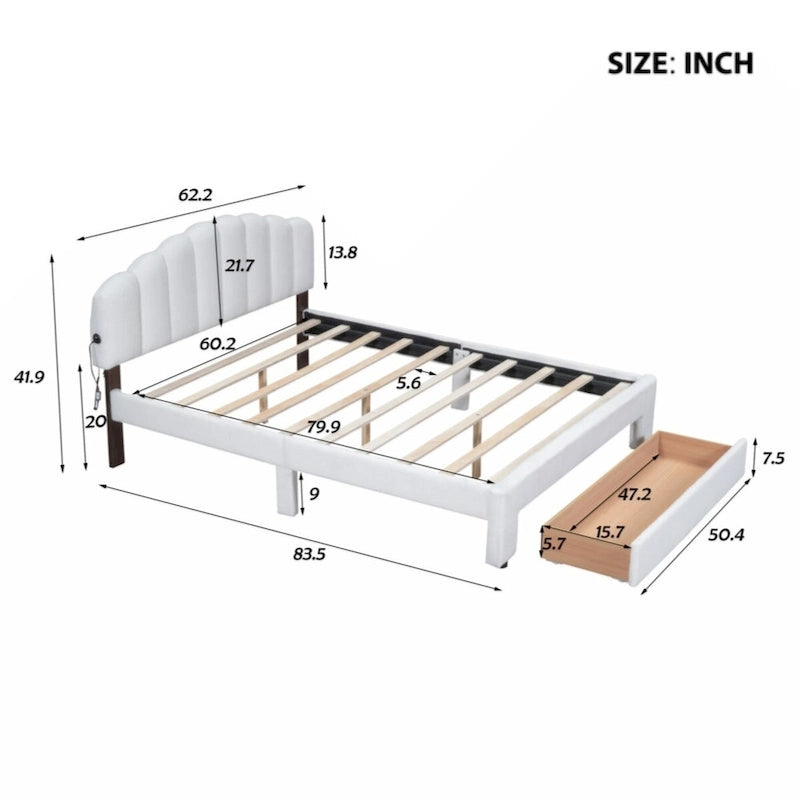 Teddy Fleece Queen Size Upholstered Platform Bed with Drawer