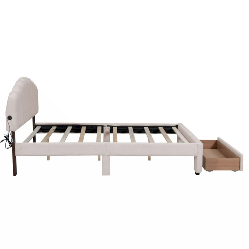 Teddy Fleece Queen Size Upholstered Platform Bed with Drawer
