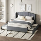 Queen Size Linen Upholstered Platform Bed with Twin Trundle and 2 Drawers