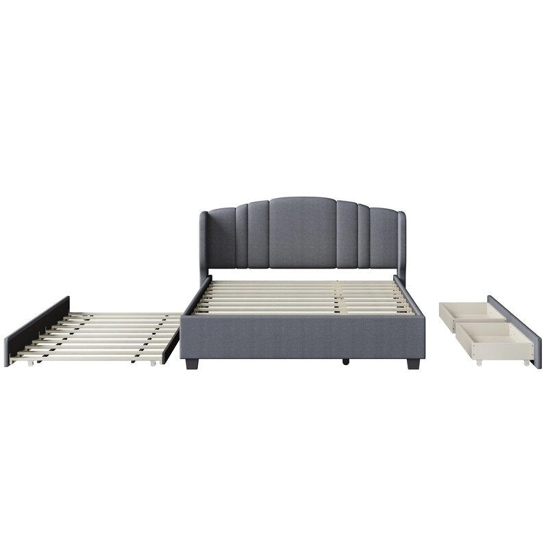 Queen Size Linen Upholstered Platform Bed with Twin Trundle and 2 Drawers