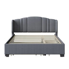 Queen Size Linen Upholstered Platform Bed with Twin Trundle and 2 Drawers