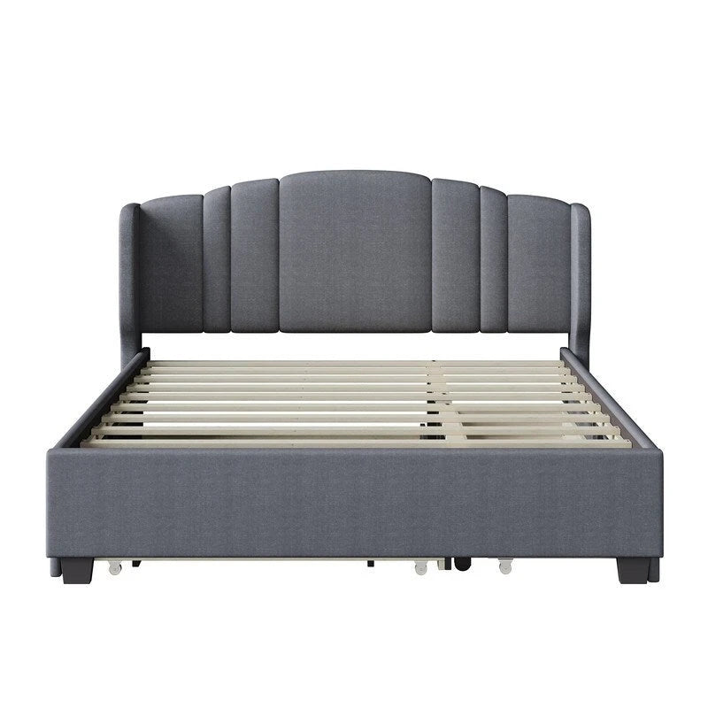 Queen Size Linen Upholstered Platform Bed with Twin Trundle and 2 Drawers