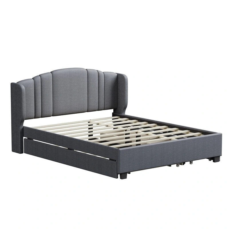 Queen Size Linen Upholstered Platform Bed with Twin Trundle and 2 Drawers
