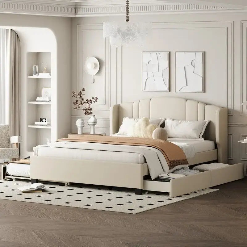 Queen Size Linen Upholstered Platform Bed with Twin Trundle and 2 Drawers