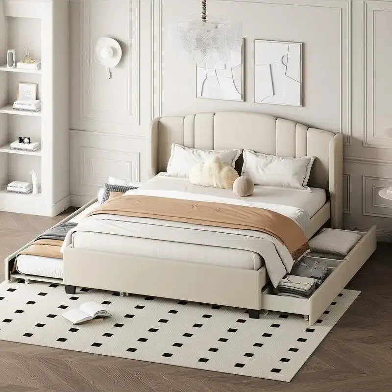 Queen Size Linen Upholstered Platform Bed with Twin Trundle and 2 Drawers