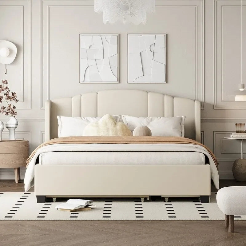 Queen Size Linen Upholstered Platform Bed with Twin Trundle and 2 Drawers