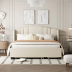 Queen Size Linen Upholstered Platform Bed with Twin Trundle and 2 Drawers