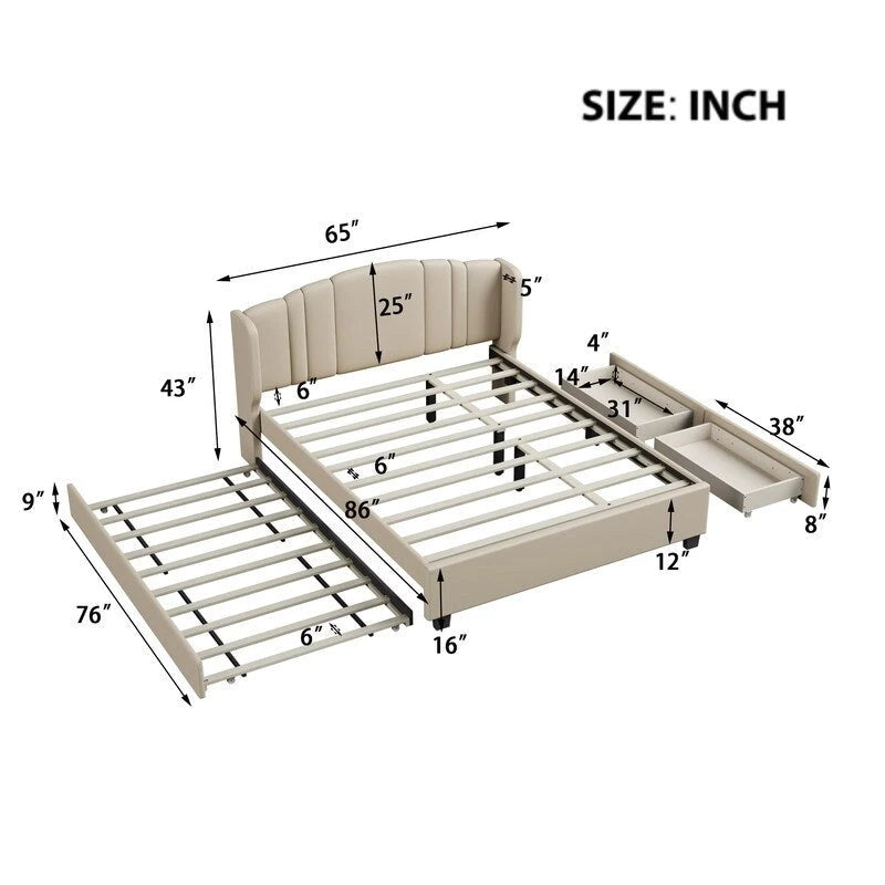 Queen Size Linen Upholstered Platform Bed with Twin Trundle and 2 Drawers