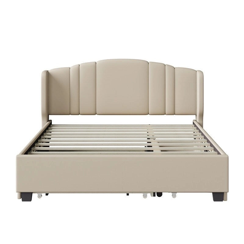 Queen Size Linen Upholstered Platform Bed with Twin Trundle and 2 Drawers