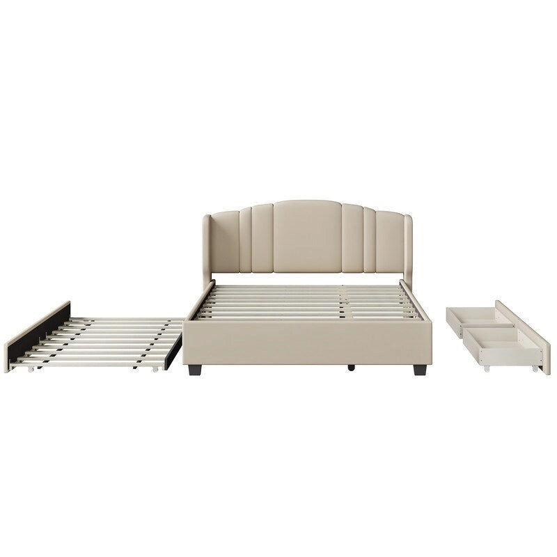Queen Size Linen Upholstered Platform Bed with Twin Trundle and 2 Drawers