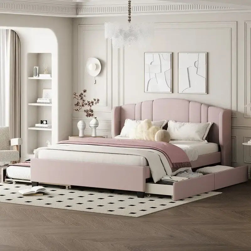 Queen Size Linen Upholstered Platform Bed with Twin Trundle and 2 Drawers