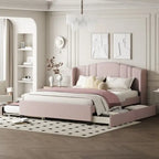 Queen Size Linen Upholstered Platform Bed with Twin Trundle and 2 Drawers