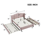 Queen Size Linen Upholstered Platform Bed with Twin Trundle and 2 Drawers