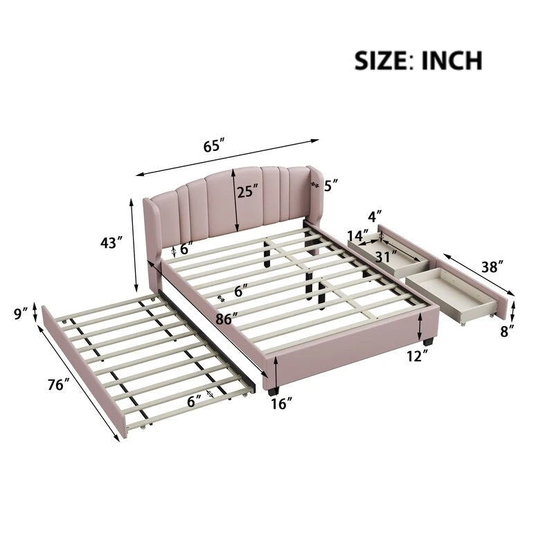 Queen Size Linen Upholstered Platform Bed with Twin Trundle and 2 Drawers