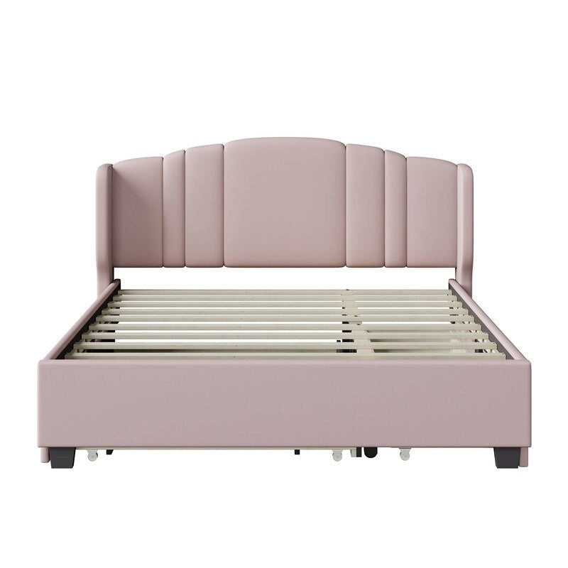 Queen Size Linen Upholstered Platform Bed with Twin Trundle and 2 Drawers