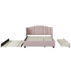 Queen Size Linen Upholstered Platform Bed with Twin Trundle and 2 Drawers