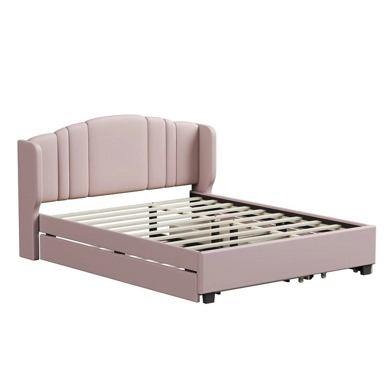 Queen Size Linen Upholstered Platform Bed with Twin Trundle and 2 Drawers