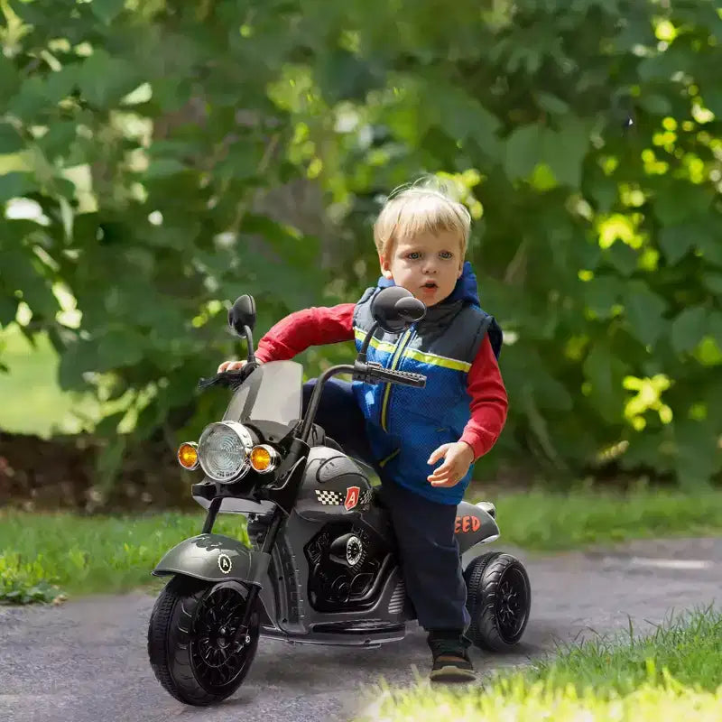 Qaba Electric Motorcycle for Kids, 3 Wheel 6V Battery Powered Motorbike w/ Headlights, Music, Forward & Reverse, Gray