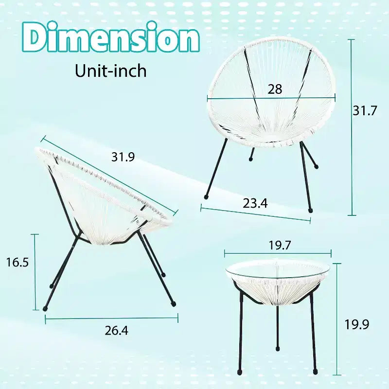 FDW 3 Piece Patio Bistro Set Acapulco Chair Set Stylish and Comfortable Patio Seating with Glass Table Outdoor Furniture Set for Patio Balcony, White