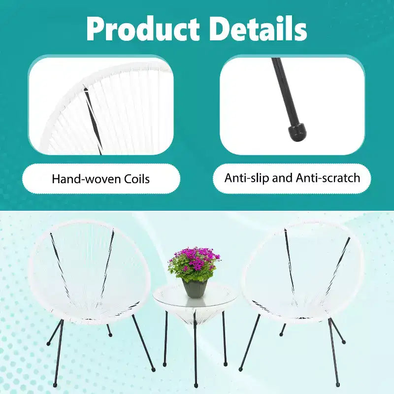FDW 3 Piece Patio Bistro Set Acapulco Chair Set Stylish and Comfortable Patio Seating with Glass Table Outdoor Furniture Set for Patio Balcony, White
