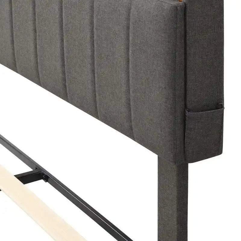 Modern Bed Frame with Charging Station and Storage Upholstered Linen Headboard, No Box Spring Needed, Platform Bed Frame
