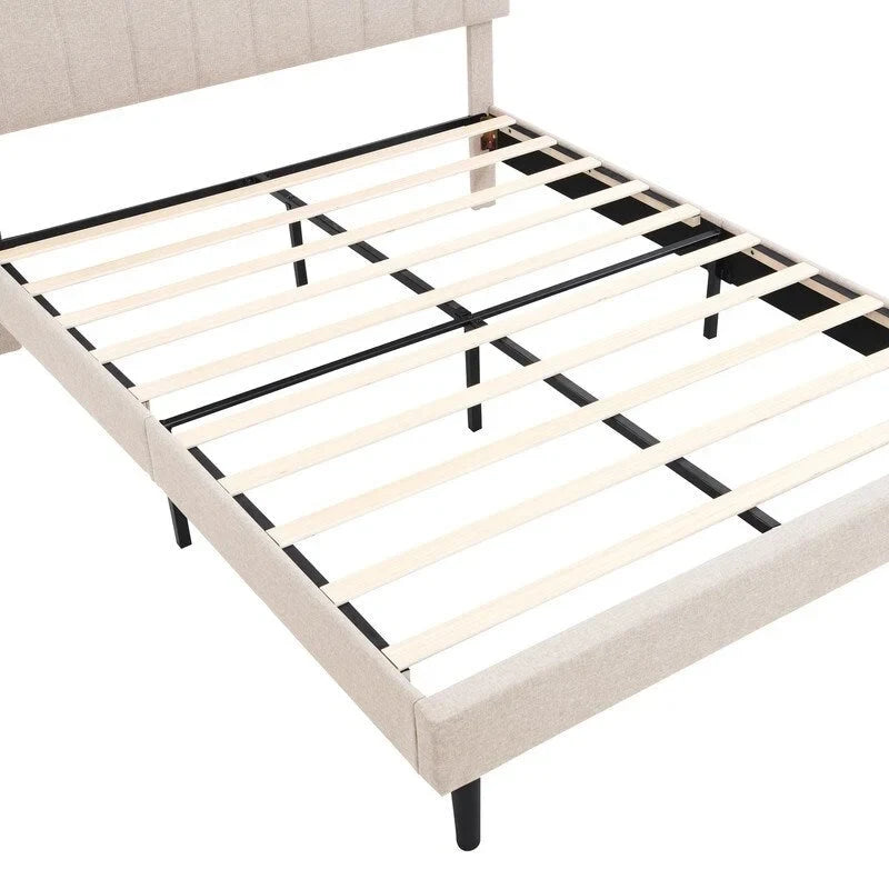 Modern Bed Frame with Charging Station and Storage Upholstered Linen Headboard, No Box Spring Needed, Platform Bed Frame