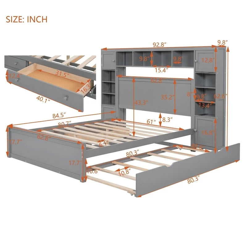 Queen Size Wooden Bed with All-in-One Cabinet, Shelf and Sockets