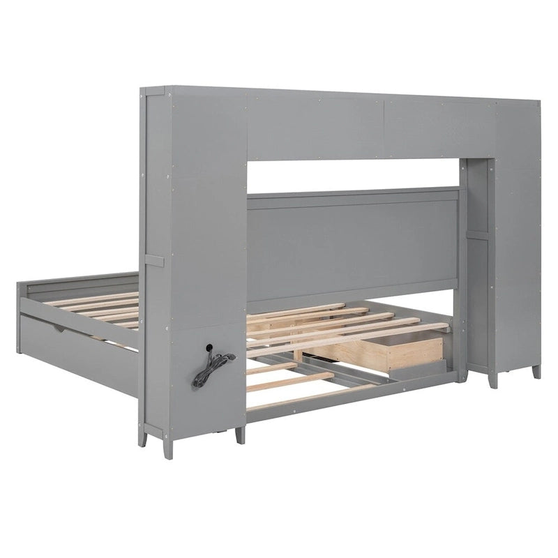 Queen Size Wooden Bed with All-in-One Cabinet, Shelf and Sockets