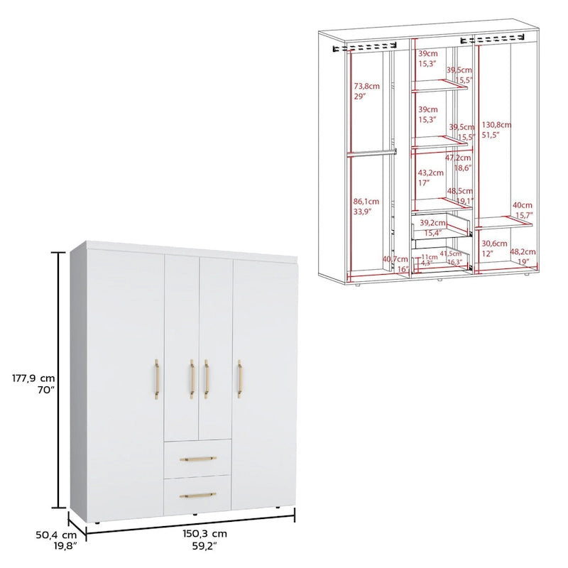 Bariloche Armoire with Hanging Rods, Shelves, 2 Drawers