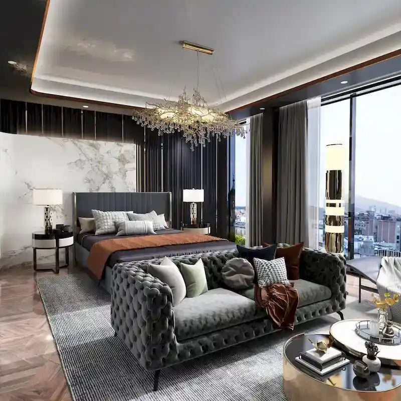 Modern Illuminated Bed Frame with Gold Trim - Chic Upholstered Design