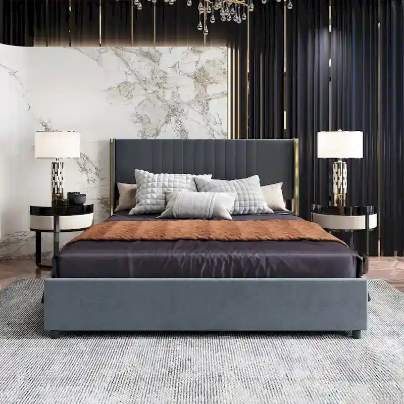 Modern Illuminated Bed Frame with Gold Trim - Chic Upholstered Design