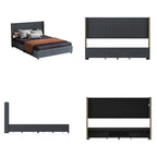 Modern Illuminated Bed Frame with Gold Trim - Chic Upholstered Design