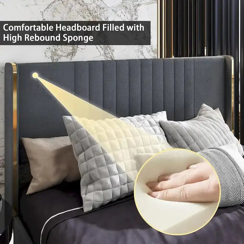 Modern Illuminated Bed Frame with Gold Trim - Chic Upholstered Design