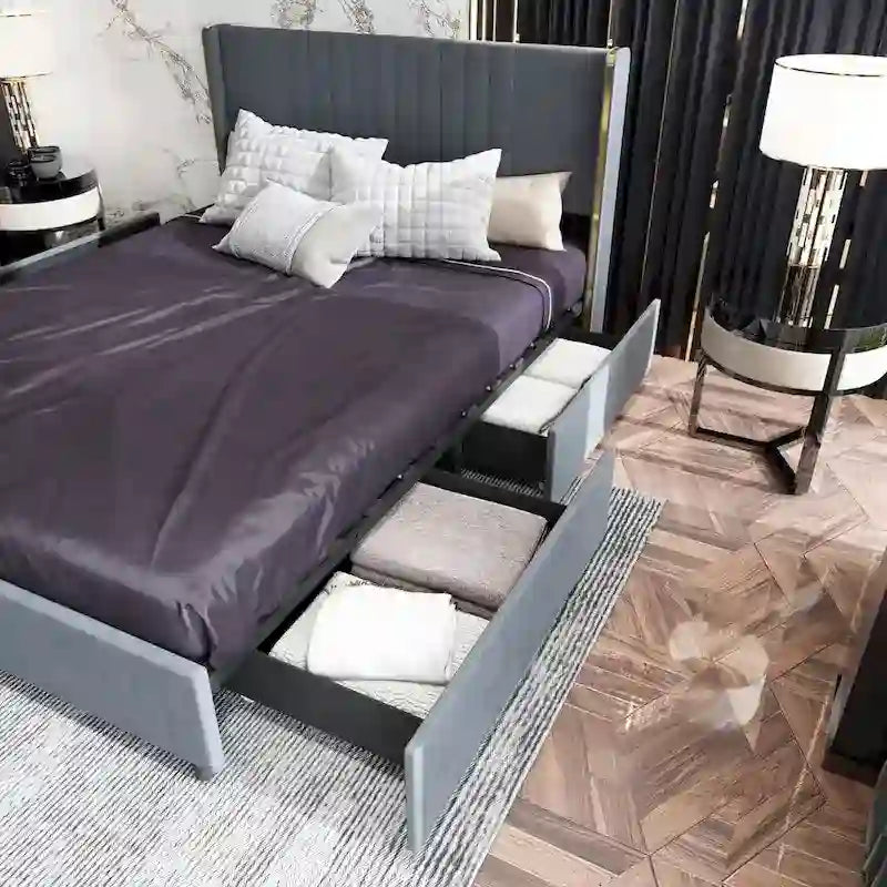 Modern Illuminated Bed Frame with Gold Trim - Chic Upholstered Design