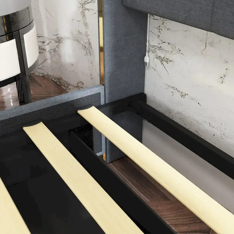 Modern Illuminated Bed Frame with Gold Trim - Chic Upholstered Design