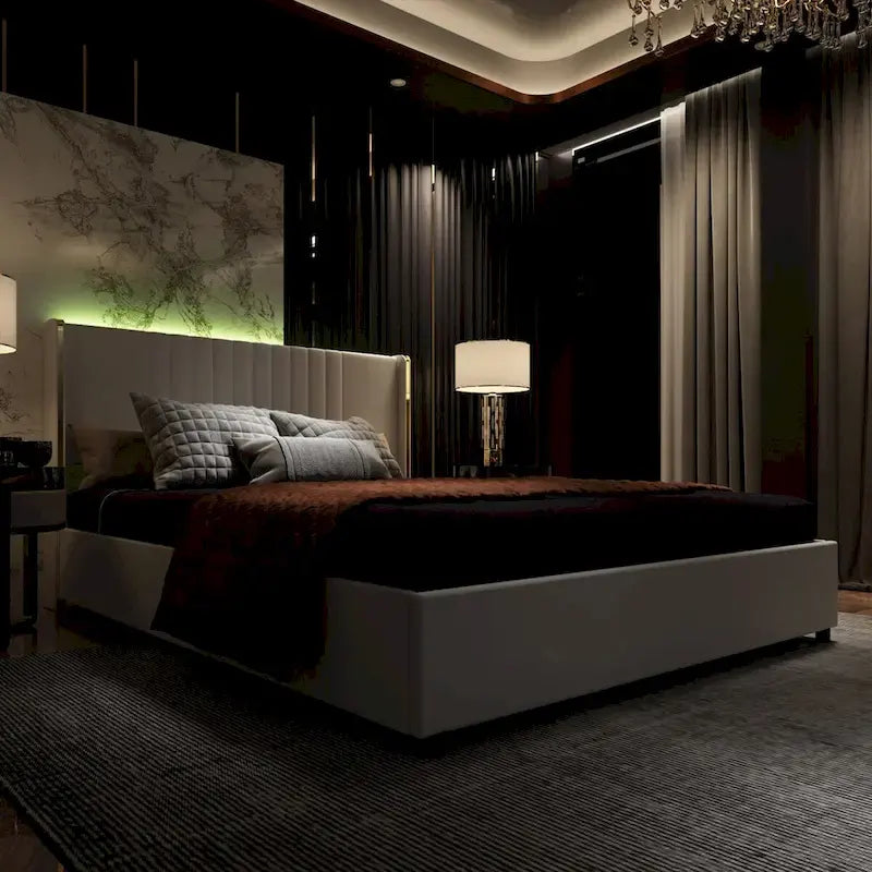 Modern Illuminated Bed Frame with Gold Trim - Chic Upholstered Design