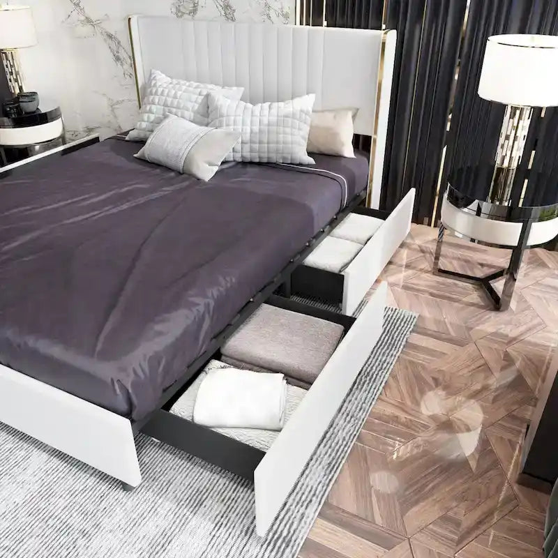 Modern Illuminated Bed Frame with Gold Trim - Chic Upholstered Design
