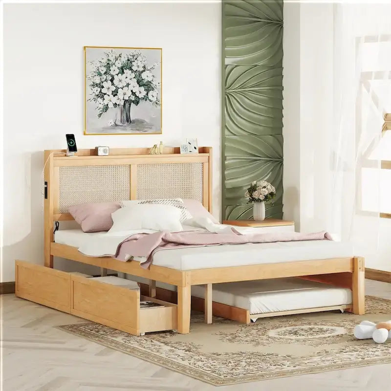 Elegant Bed Frame with Rattan Headboard and Sockets