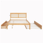 Elegant Bed Frame with Rattan Headboard and Sockets