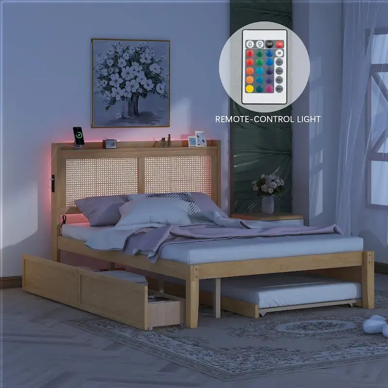 Elegant Bed Frame with Rattan Headboard and Sockets