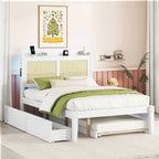 Elegant Bed Frame with Rattan Headboard and Sockets