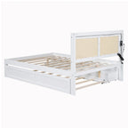 Elegant Bed Frame with Rattan Headboard and Sockets