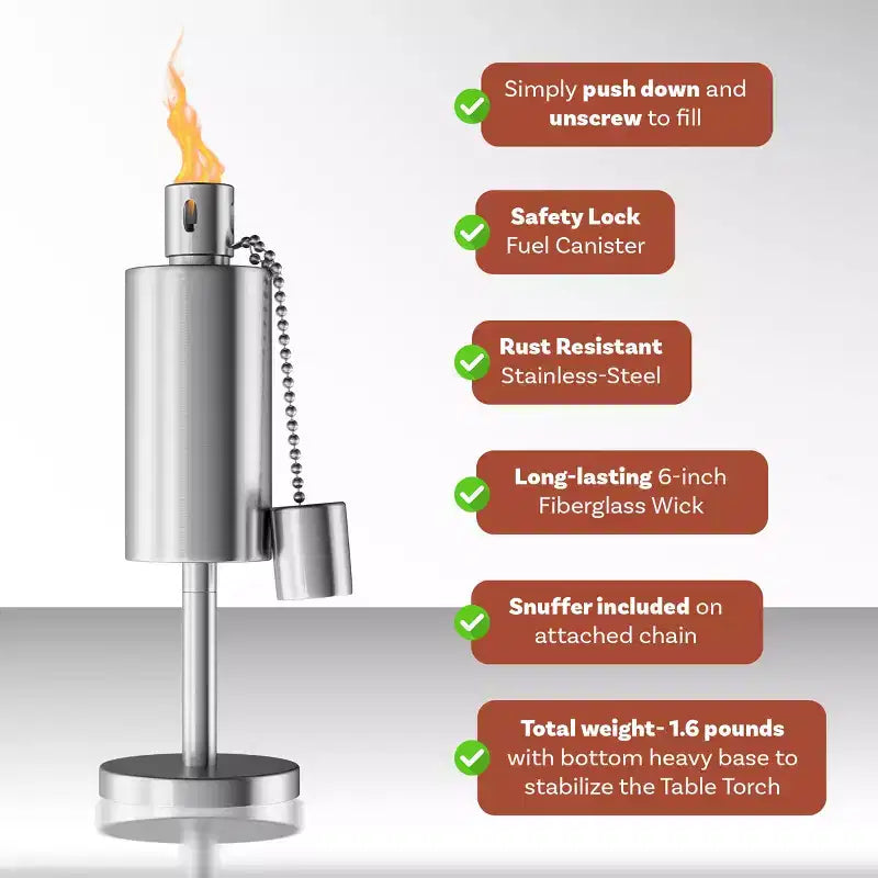 Tabletop Stainless Steel Outdoor Torch Lamp - Fuel Canister Flame Light for Citronella with Fiberglass Wick for Backyard, Patio by Nature Spring