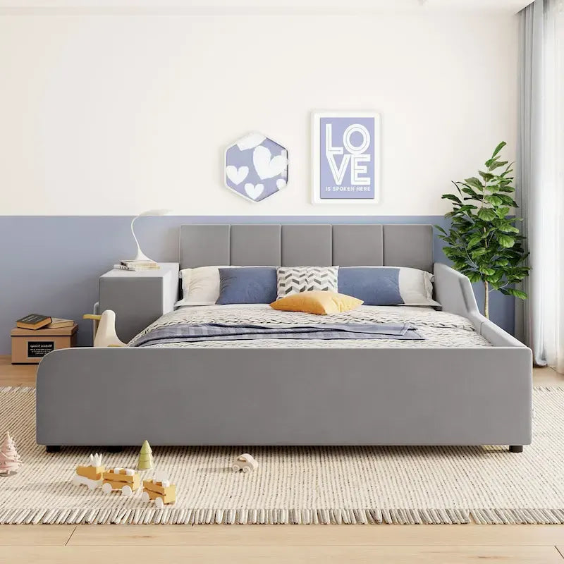 Upholstered Grounded Bed Mother & Child Bed with Bedside Desk and Little Round Stool