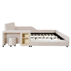 Upholstered Grounded Bed Mother & Child Bed with Bedside Desk and Little Round Stool
