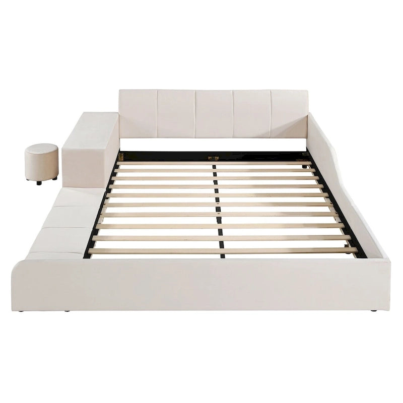 Upholstered Grounded Bed Mother & Child Bed with Bedside Desk and Little Round Stool