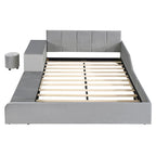 Upholstered Grounded Bed Mother & Child Bed with Bedside Desk and Little Round Stool